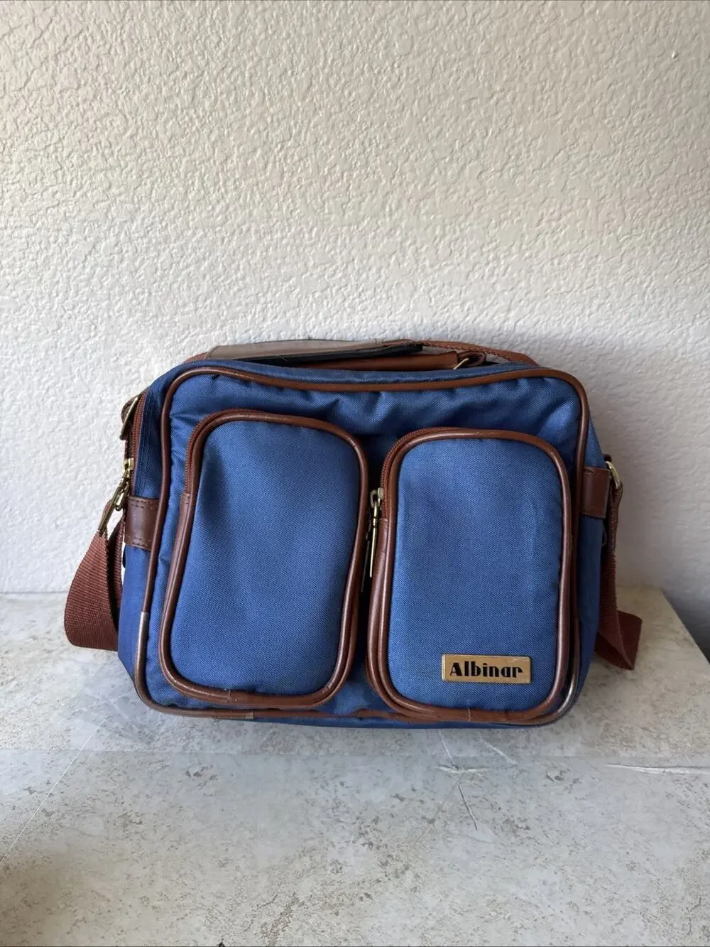 Vtg Albinar Camera Bag 4 Zip Pockets Shoulder Strap Blue/Brown